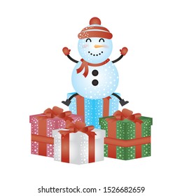 merry christmas cute snowman with gifts character vector illustration design
