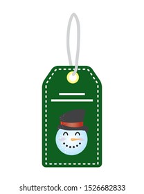 merry christmas cute snowman head in tag character vector illustration design