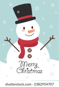 Merry Christmas with cute snowman. Holiday cartoon snowman character in winter season. Christmas template for print. Vector illustration.