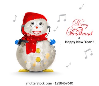 Merry Christmas cute snowman listening to music Vector watercolor. Holiday card. Colorful red hat and scarfs