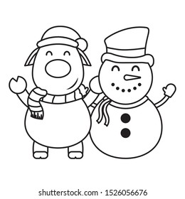 merry christmas cute snowman and reindeer vector illustration design