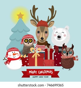 Merry Christmas with cute snowman, reindeer, owl and polar bear vector