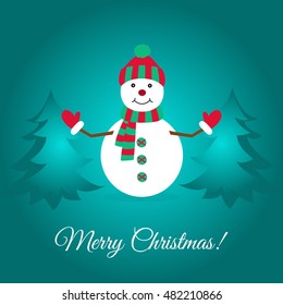 Merry  Christmas.  Cute  snowman  and  spruces. Greeting  card template. Flat  design  vector  illustration.
