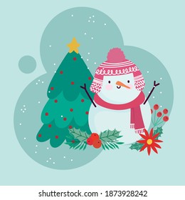 merry christmas cute snowman with tree and flower decoration vector illustration