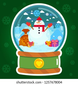 Merry Christmas cute snowman wearing red muffler in glass globe with gifts enjoying snowflakes and snowfall in winter.