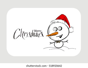 Merry Christmas! Cute Snowman wearing santa claus cap. Christmas design. Vector illustration isolated on white. 