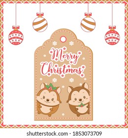 merry Christmas cute squirrel drawing card tag with coloring ornaments