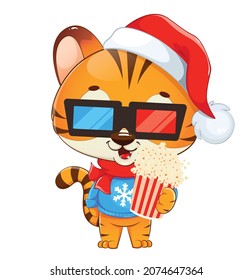 Merry Christmas. Cute tiger cub in Santa hat and 3D glasses holding popcorn