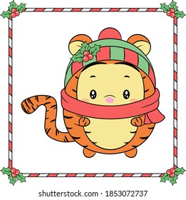 merry Christmas cute tiger drawing with candy frame and red berry hat for winter season card tag