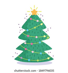 merry christmas, cute tree balls and star cartoon vector illustration