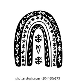 Merry Christmas cute vector hand drawn Rainbow with snowflake and hearts. Winter illustration in scandinavian style. design for fabric textile, t shirt, greeting card.