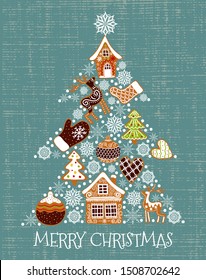 Merry christmas. Cute vector illustration of a christmas tree shaped gingerbread cookies and snowflakes. Freehand drawing