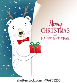 Merry Christmas! Cute vector illustration of white bear with gift. Christmas greeting card. Copy space
