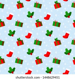 Merry Christmas cute vector seamless pattern with snow and snowflakes, red socks, gift box, mistletoe branch on blue background. Endless texture for web, covers, banners, decoration, children's design