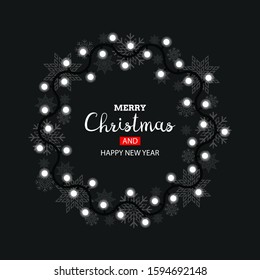 Merry Christmas. Cute vector wreath with christmas lights. New Year. Winter holidays.