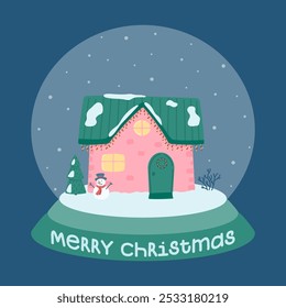 Merry Christmas. Cute winter house. Snow Globe with a decorated house on the background of falling snow, fir trees and a snowman. Vector illustration in a flat style.