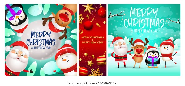 Merry Christmas cyan, red banner set with Santa. New Year, Christmas, winter. Calligraphy with decorative design can be used for invitations, post cards, announcements