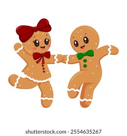 Merry Christmas Dancing Gingerbread Men on white background. Gingerbread Cookies for poster, card, sticker. Flat Christmas vector illustration.