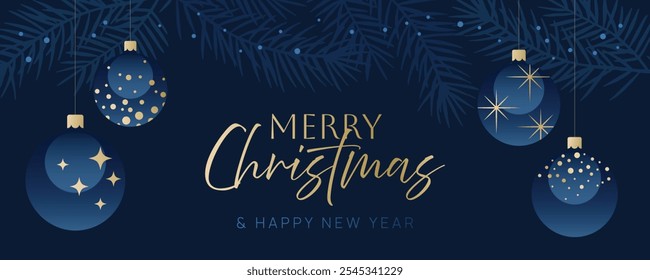 Merry Christmas dark blue background with gold and blue ornaments hanging from pine branches. Holiday greeting banner design for Christmas celebration.