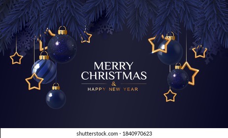 Merry Christmas dark blue banner  with golden stars. Christmas card. Vector Illustration.