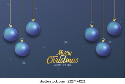 Merry Christmas dark blue banner with balls. Christmas card