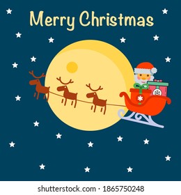 merry Christmas dark blue night sky moon and reindeers attached to red sledge with Santa carrying gifts and flying