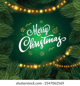 Navidades alegres fondo verde oscuro con Elementos de diseño decorativos realistas. Navidades Typo, decoraciones de guirnaldas brillantes, ramas de árboles verdes.