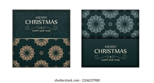 Merry christmas dark green flyer template with vintage yellow pattern