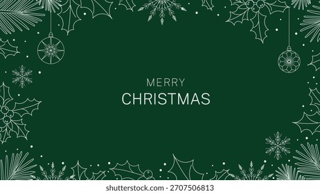 Merry Christmas dark green vector background frame; Holly pine snowflake line art border; Winter holiday greeting card illustration