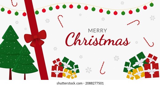 Merry Christmas Day Background Minimalist with Spruce Tree, Lamp, Gift Box, Candy, Ribbon, and Snow