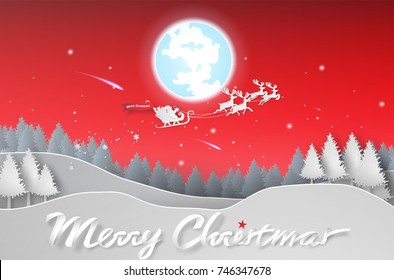 Merry Christmas day background.Landscape view mountain winter snow season.Holiday festival Santa Claus with reindeer on sky.Creative paper art and craft minimal style.Xmas element vector,illustration