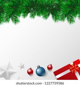 merry christmas day banner with vector christmas tree ,gold stars, christmas balls red blue white background and tree green and party color light. christmsa card,invitation,greetings. space for text.