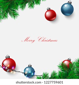 merry christmas day banner with vector christmas tree ,gold stars, christmas balls red blue white background and tree green and party color light. christmsa card,invitation,greetings. space for text.