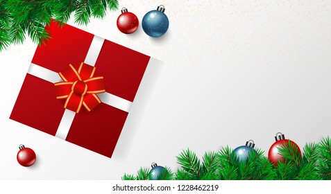 merry christmas day banner with vector christmas tree ,gold stars, christmas balls red blue white background and tree green and party color light. christmsa card,invitation,greetings. space for text.