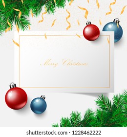 merry christmas day banner with vector christmas tree ,gold stars, christmas balls red blue white background and tree green and party color light. christmsa card,invitation,greetings. space for text.