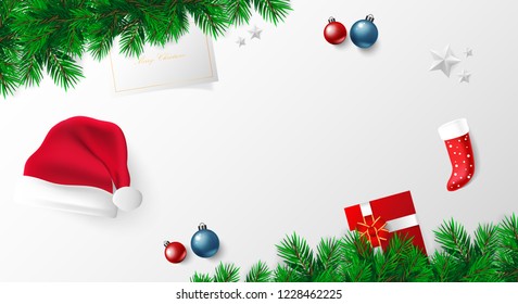 merry christmas day banner with vector christmas ,gold stars, christmas balls red blue white background and tree green and party color light. christmsa card paper,invitation,greetings. space for text.