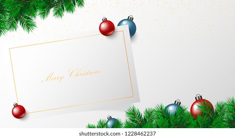 merry christmas day banner with vector christmas tree ,gold stars, christmas balls red blue white background and tree green and party color light. christmsa card,invitation,greetings. space for text.