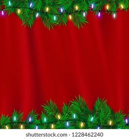 merry christmas day banner with vector christmas tree ,gold stars, christmas balls red blue red background and tree green and party color light. christmsa card,invitation,greetings. space for text.