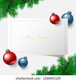 merry christmas day banner with vector christmas tree ,gold stars, christmas balls red blue white background and tree green and party color light. card,invitation,greetings. space for text.