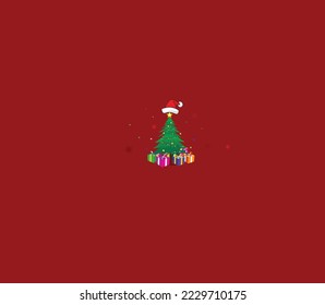 Merry Christmas day concept. vector Christmas tree and gift box. Isolated on red background