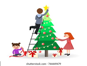 Merry Christmas day's design of vector. children are preparing pine tree and gift.  