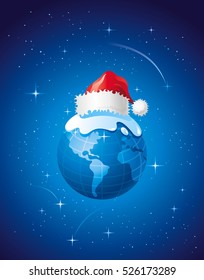 Merry Christmas, Dear Planet poster with Earth in space. Holiday vector illustration, Greeting card, xmas Santa Claus hat poster