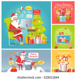 Merry Christmas. Dear Santa. Fast delivery. Best presents with love. Best sale. Set of greeting cards with Santa, elves, gift boxes. New Year celebration concept. Vector in flat style illustration