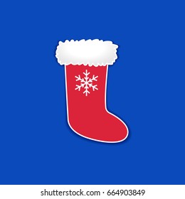 Merry Christmas, December 25, vector design element. Empty Christmas stocking with snowflake, waiting for gifts, on blue background