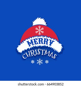 Merry Christmas, December 25, vector design element. Red Christmas Santa Claus Hat with text of greetings and little white snowflakes on blue background.