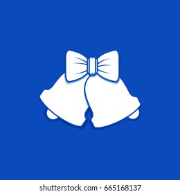 Merry Christmas, December 25, vector design element. Two Christmas bells with bow decoration, white object on blue background
