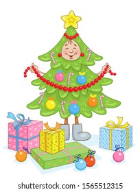 Merry Christmas! Decorated cute Christmas tree with gold star, glass balls, beads and gift boxes. In a cartoon style. Isolated on white background. Vector illustration.