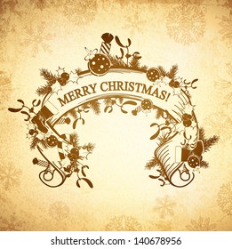 Merry Christmas Decorated Scroll at Vintage Grunge Background