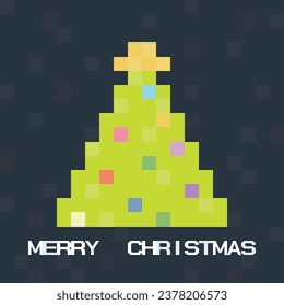 Merry Christmas and decorated Christmas tree 90's gaming concept vector illustration. Merry Christmas 8 bit greeting card template.