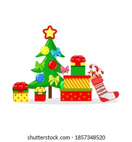 Merry christmas decorated Christmas tree with gifts and sweets sock isolated on white background. Vector illustration.